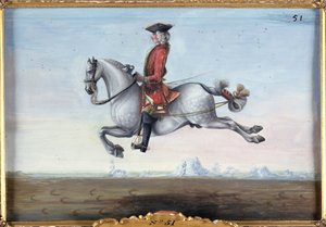 51. sz. A Spanyol Lovarda foltos szürke lova, aki a Capriole nevű díjlovas mozgást végez (papíron wc)