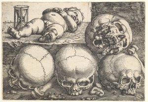 Halott gyermek négy koponyával, 16. század közepe. alkotó: Barthel Beham