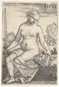 Judit, meztelenül ül, karddal a jobb kezében, és Holofernész fejét nézi..., 1523.