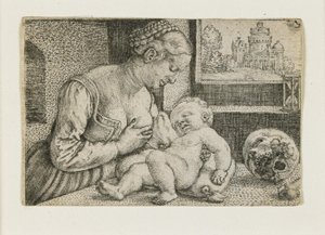 Anya és gyermeke koponyával és homokórával, 1528-1530 körül. alkotó: Barthel Beham