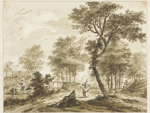 Táj figurákkal és bal oldalon egy ember a puntban alkotó: Bartholomeus Barbiers