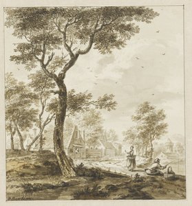 Táj figurákkal és jobb oldalon egy horgász alkotó: Bartholomeus Barbiers