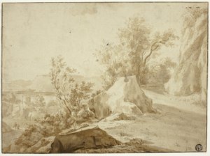 Sziklák és hegyi ösvény, ábrák és város lent alkotó: Bartholomeus Breenbergh