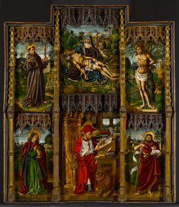 Hordozható oltárkép: Pietà, Szent Ferenc, Sebastian, János evangélista, Jeromos és Keresztelő János, 1500 körül