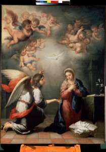 Az Angyali üdvözlet. Bartolome Esteban Murillo (1617-1682) festménye, 1660 körül. Spanyol művészet, barokk stílus. Ermitázs Múzeum, Szentpétervár. alkotó: Bartolomé Esteban Murillo