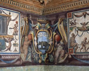 A toszkán nagyherceg Sala del Granduca di Toscana terme az állatöv jegyeit, az orrszarvút ábrázoló fríz részlete, 1564-75 freskó