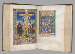 Missale: Fol. 185v: Keresztre feszítés szegéllyel teljes oldal, 1469.