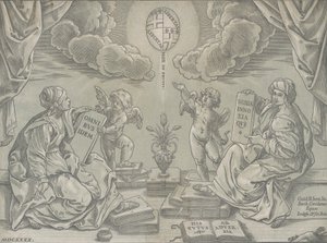 Egy tézis allegóriája, két nő feliratos táblát tart, 1640.