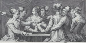 Elegánsan öltözött, kártyázó emberek csoportja, 1740-68