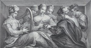 Elegánsan öltözött emberek csoportja, akik hárfán és gitáron játszanak, 1740-68