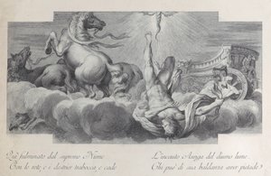 34. tábla: Auriga, a szekér, középen leesik a szekérről, három lóval a..., 1756