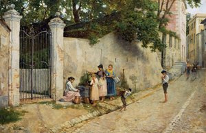 Szökőkútnál, Bartolomeo Giuliano (1825-1909), olaj, vászon, 64,5x100 cm alkotó: Bartolomeo Giuliano