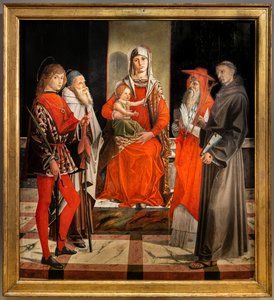 Madonna a kis Jézussal trónolt Szent Ansanus, Nagy Antal, Jeromos és Ferenc között alkotó: Bartolomeo Montagna
