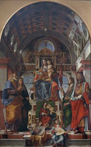 A Szűz és a gyermek trónoló szentekkel és zenélő angyalokkal, 1499.