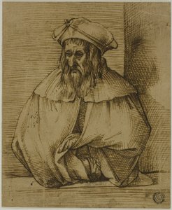 Félhosszú vázlat egy kalapot és köpenyt viselő úriemberről alkotó: Bartolomeo Passarotti