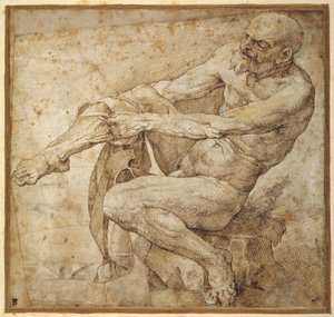 Meztelen férfi húzza a tömlőt Marcantonio Raimondi és Michelangelo Buonarroti után (toll és barna tinta papíron)