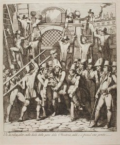 Egy istenkáromló eltöri a lábát, miközben átmászik a Vatikán falain, 1809. július 6. alkotó: Bartolomeo Pinelli