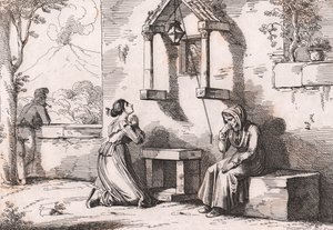 Egy lány, aki a Madonnához imádkozik beteg édesanyjáért, Bartolomeo Pinelli rézkarca (Róma alkotó: Bartolomeo Pinelli