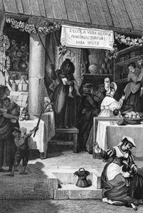 Befana (olasz karácsonyi boszorkány), édességet és nugátot áruló bódé a Piazza Navonán, Róma, Bartolomeo Pinelli metszete.