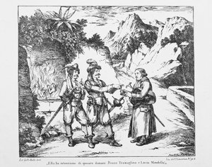 Don Abbondio találkozik két Bravival, Bartolomeo Pinelli (1781-1835) litográfiája, Alessandro Manzoni (1785-1873) Eljegyzettje, Olaszország, XIX. alkotó: Bartolomeo Pinelli