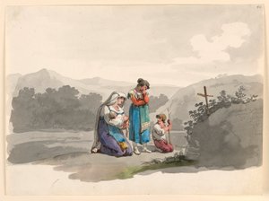 Rajz, Nő egy csecsemővel imádkozik a kereszt előtt, amely a férje halálának helyét jelöli, 1807-08 alkotó: Bartolomeo Pinelli