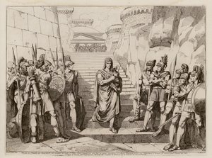 Gaius Fabius Dorsuo zavartalanul halad el a gallok mellett áldozathozatalra menet, Kr. e. 390 (metszet)