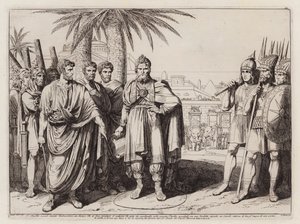 Gaius Popillius Laenas kört rajzol a homokba IV Epifánész Antiochus körül (metszet)