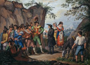 A megadásról szóló tárgyalások Gasparone brigand és Pellegrini főpap között alkotó: Bartolomeo Pinelli
