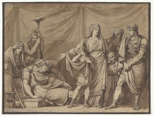 Tranquilla királynénak megmutatják férje, Tarquinius holttestét, illusztráció Charles Rollin Római történetéhez alkotó: Bartolomeo Pinelli