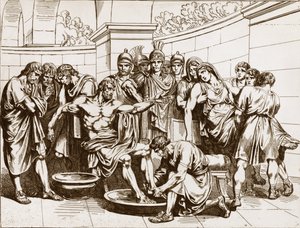 Seneque római filozófust (Lucius Annaeus Seneca, Kr. e. 4-65. JC.), akit a Neron császár elleni összeesküvésben való részvétellel vádoltak, öngyilkosságra kötelezték - Bartolomeo Pinelli metszet - Seneca halála, Bartolomeo Pinelli metsze (1781-)