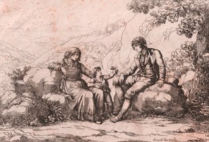Két közember egy babával, Schiavi, Abruzzo, Bartolomeo Pinelli rézkarca (Róma alkotó: Bartolomeo Pinelli