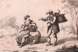 Nő Pietra Terrazzanából hagyományos viseletben, Abruzzóban és gioncataróban (caciotte sajt eladója), Bartolomeo Pinelli (Róma) rézkarca alkotó: Bartolomeo Pinelli