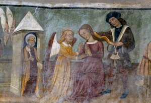 Allegorikus jelenet, részlet a bűnök és erények kavalkádját ábrázoló ciklusból, kb. 1490, Bartolomeo Serra és Sebastiano Serra, freskó, Szent István kápolna, Giaglione, Piemont, Olaszország alkotó: Bartolomeo and Serra Sebastiano Serra