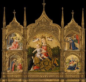 Az alázatosság Madonnája, az Angyali üdvözlet, a Születés és a Pietà, 1465 körül (tempera és arany a fán)