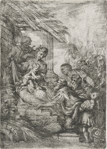 Királyimádás (A bölcsek felajánlása), 1657 után (rézkarc papírra) alkotó: Bartolommeo Biscaino
