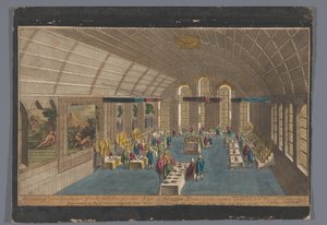 Kilátás a Frankfurt am Mainban található Römer-teremre, a császár és a választófejedelmek vacsorájával 1758. június 22-én és augusztus 1-jén A Vue d