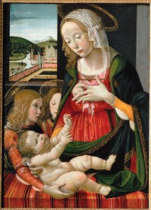 Madonna szoptatja a kis Jézust, angyalok veszik körül ... (festmény fára)