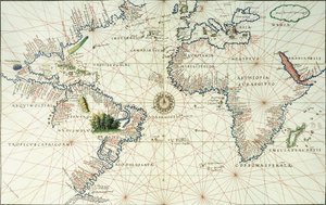 Az Atlanti-óceán kétoldalas térképe, amely Észak- és Dél-Amerika keleti partját mutatja, 1544