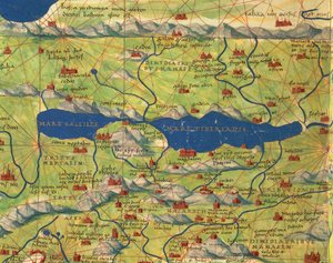 Szentföld, Izrael és Palesztina: Galileai-tenger és Tiberias városa, a világ atlaszából harminchárom térképen, szerző: Battista Agnese alkotó: Battista Agnese