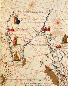 Az Indiai-óceán, valamint Ázsia és Afrika egy része: az Indiai-félsziget, a Világ Atlaszából harminchárom térképen, szerző: Battista Agnese alkotó: Battista Agnese