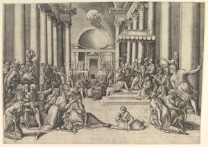 Konstantin bemutatja Róma városát a Szentszéknek, jobbra, sok néző..., kb. 1530-61.