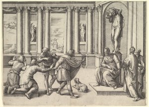 Bacchus-szobor alatt ülő férfi, közönséget fogadva, kb. 1530-61.