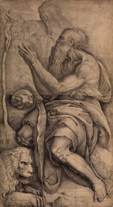 Szent Jeromos egy feszület előtt térdel, koponyával és oroszlánnal, kb. 1550-60.