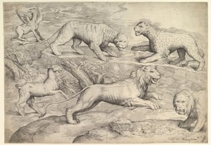 Hat állat, köztük oroszlán, tigris, leopárd, griff és kecske, kb. 1530-61.