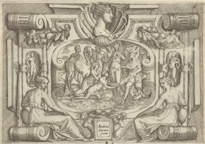 Férfi és nő egy tál érmét kínálnak a trónon ülő királynak, beállítva..., kb. 1540-80.