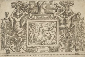 Kinyújtott karral ülő nő, a Hírnév megszemélyesítése trombitával a jobb oldalon,..., kb. 1540-80.
