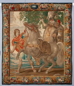 Nagy Sándor király megszelídíti Bucephale lovát. A brüsszeli manufaktúrában készült gobelin. 16. század Genezis, Musei di Strada Nuova alkotó: Belgian School