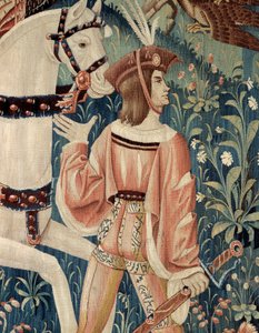 Középkor: a sólyomvadászat kezdete, lóháton. 16. század eleji selyem-gyapjú kárpit részlete. Hainautból. Párizs, Középkori Nemzeti Múzeum, Thermes de Cluny alkotó: Belgian School