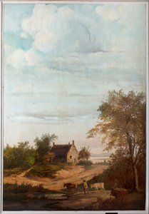 Hátul a második hátsó szoba, tárgyaló, falfestmények klasszikus stílusú vidéki jelenetekkel, valószínűleg 1810 körül, 7. jelenet alkotó: Belgian School