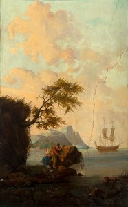 Hátul a második hátsó szoba, tárgyaló, falfestmények klasszikus stílusú vidéki jelenetekkel, valószínűleg 1810 körül, 5. jelenet alkotó: Belgian School
